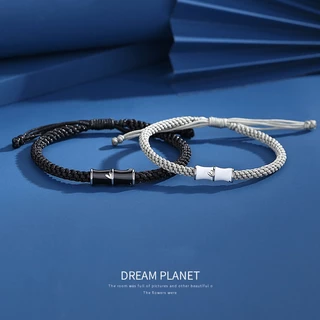 Pingente De Bambu De Cobre Em Forma Pulseira De Corda Trançado De Algodão Ajustável Casal Chinês Estilo Amantes Preto E Branco