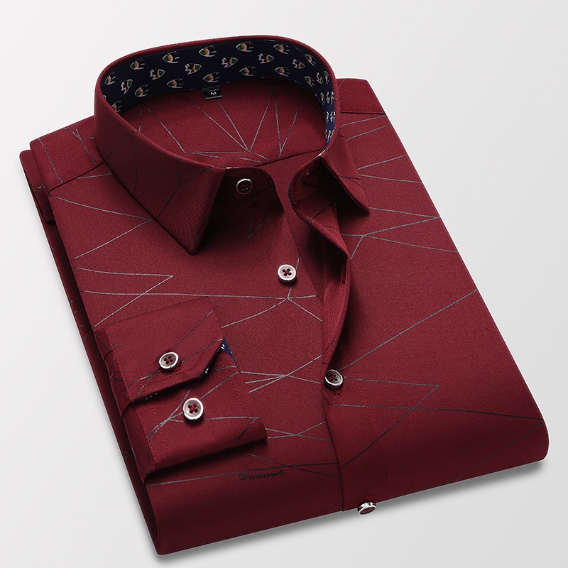 Red men's business work shirt printed longsleeved shirt fashion