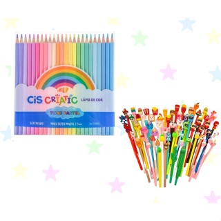 Combo 24 Lapis de Cor Bom Para Desenhos Artes Pinturas + 1 Caneta Divertida Crianca Infantil Material Escolar Sala Aula Desenvolvimento Criativo
