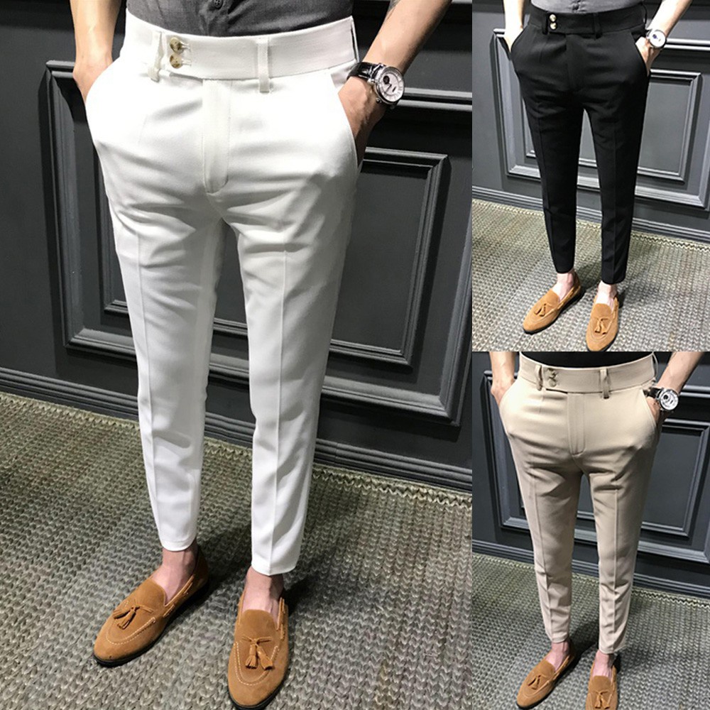 🔥Quente🔥 2023 Moda Masculina Com Botão Casual De Esticação Regular Calça De Fato Comercial Slim Fit