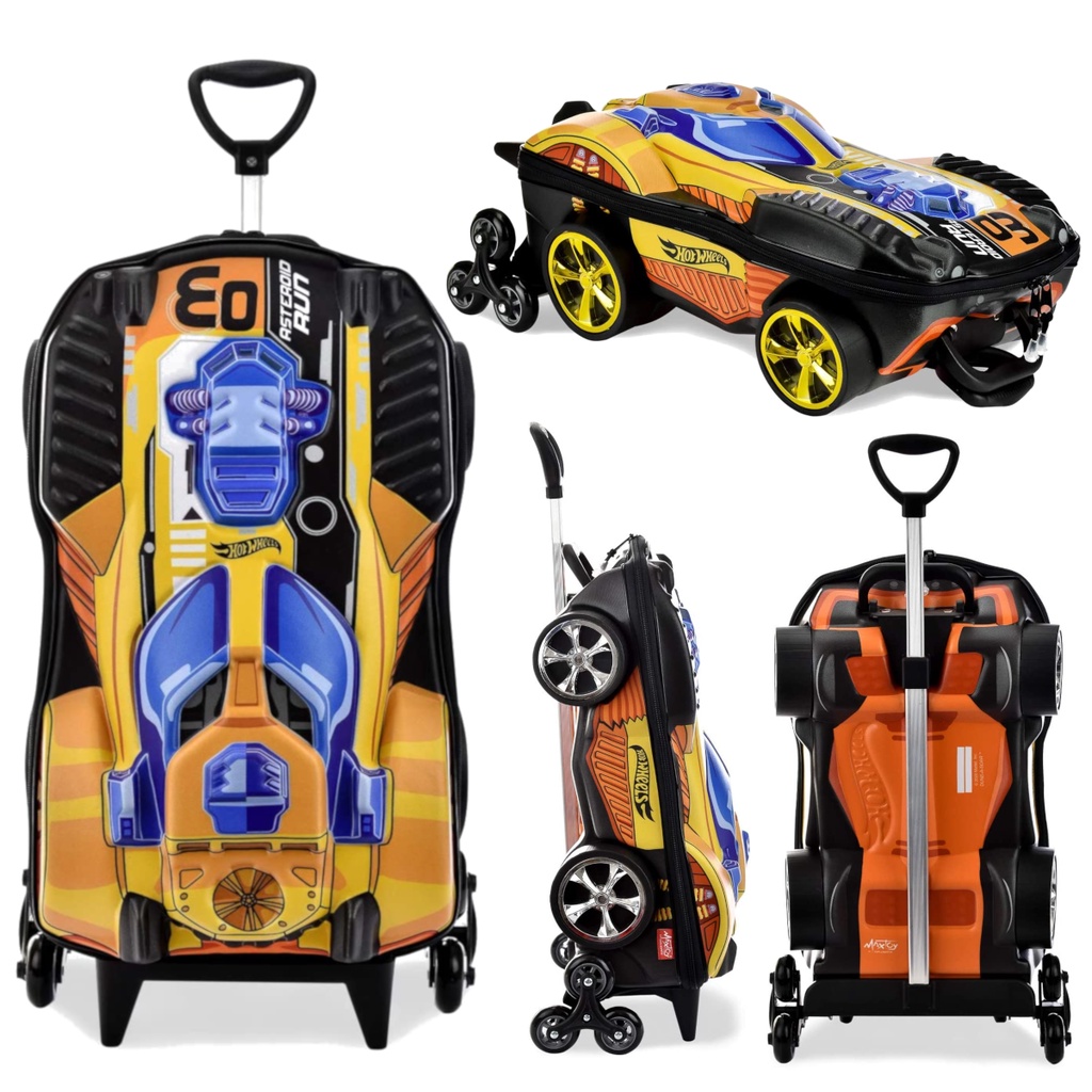 Mochila Bolsa Escolar Formato De Carrinho Hotwheels Dourada Rodinhas ...