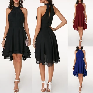Roupas Femininas Grande Casual Pescoço Redondo Sem Manga Comprimento Médio Vestido Chiffon Vintage Sexy
