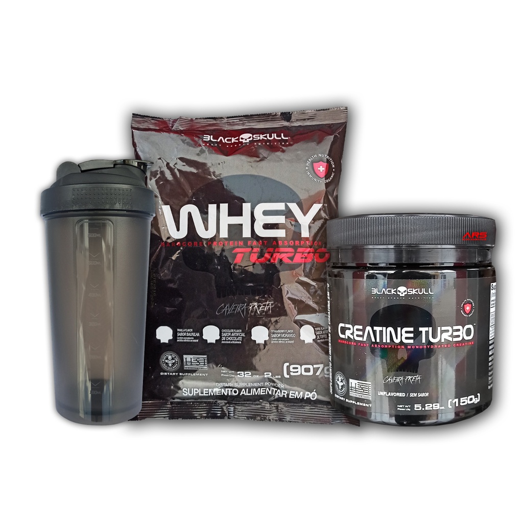 Kit Whey Turbo 907g + Creatina 150g + Coqueteleira Preta Simples – Black Skull