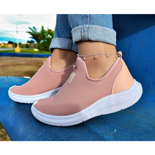 Tênis Feminino Esporte Slip On Liso Macio Caminhada Conforto Preto/Rosa