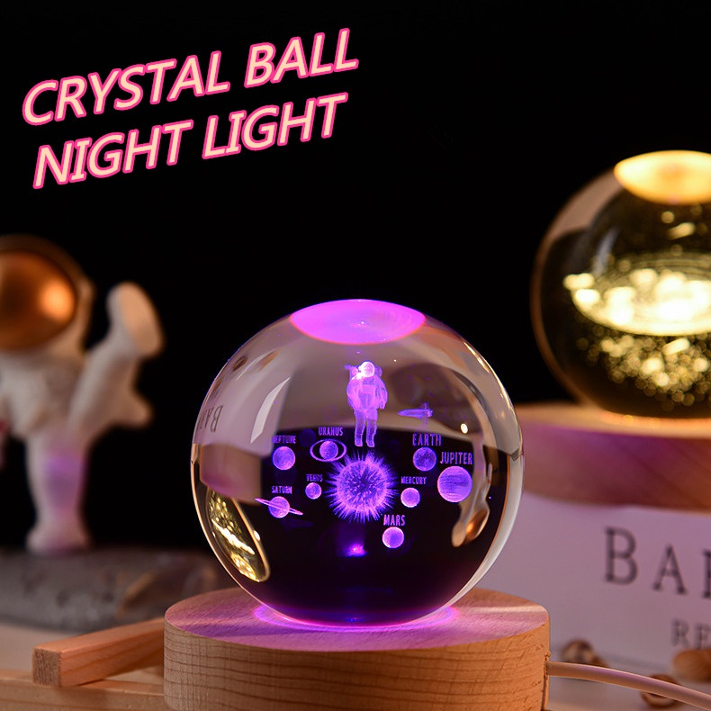 Bola de cristal luminosa para luz noturna, Bola de cristal criativa, Série  Galaxy, Base de madeira