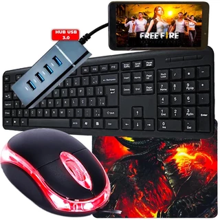 Kit Mobilador Gamer 3.0 Hub 4 Portas Sem Delay + Teclado Abnt2 + Mouse Optico 1000Dpi Vermelho em Oferta na Shopee