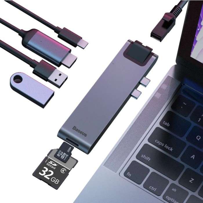 Hub Adaptador Baseus Tipo C - 7 Entradas: 2x USB-C LAN + 2x USB 3.0 + SD/TF Card + USB-C PD + HDMI 4K