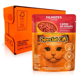 Caixa 12un Ração Úmida Special Cat Sachê Gatos Filhotes Carne 85g em Oferta na Shopee
