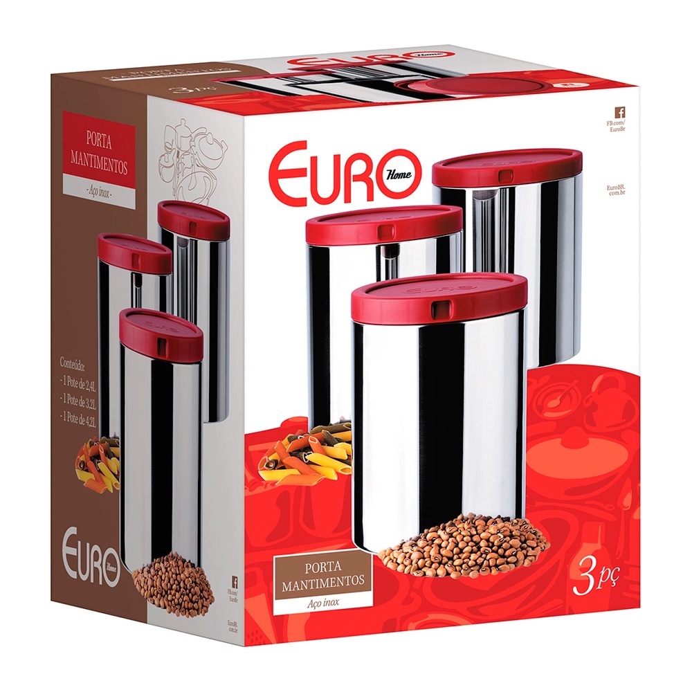 Porta mantimentos Euro Inox 3 Pecas - Vermelho | Shopee Brasil