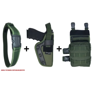 Coldre Perna Militar Panqueca Parafuso Saque Rápido + 1 Cinto de Guarnição N.A +Bornal Tático Militar Modular Verde Kit 11
