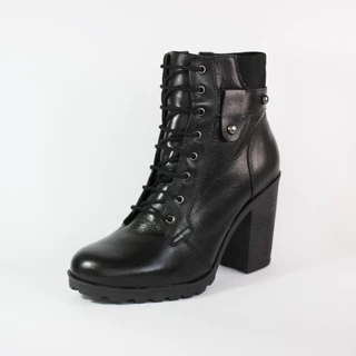 Bota Coturno Feminina Couro Salto Medio Fechamento Cadarço e Ziper