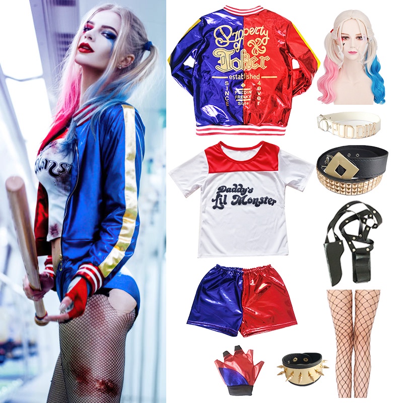 Conjunto de fantasia de cosplay feminino adulto Harley Quinn, conjunto de roupas de Halloween, suicide squad, Joker, jaqueta, luvas