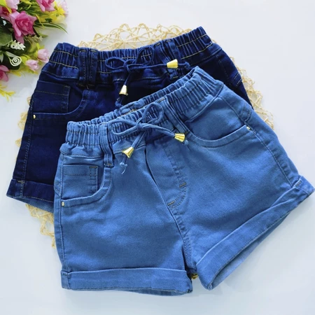Shorts jeans elástico feminino infantil com bolsos 