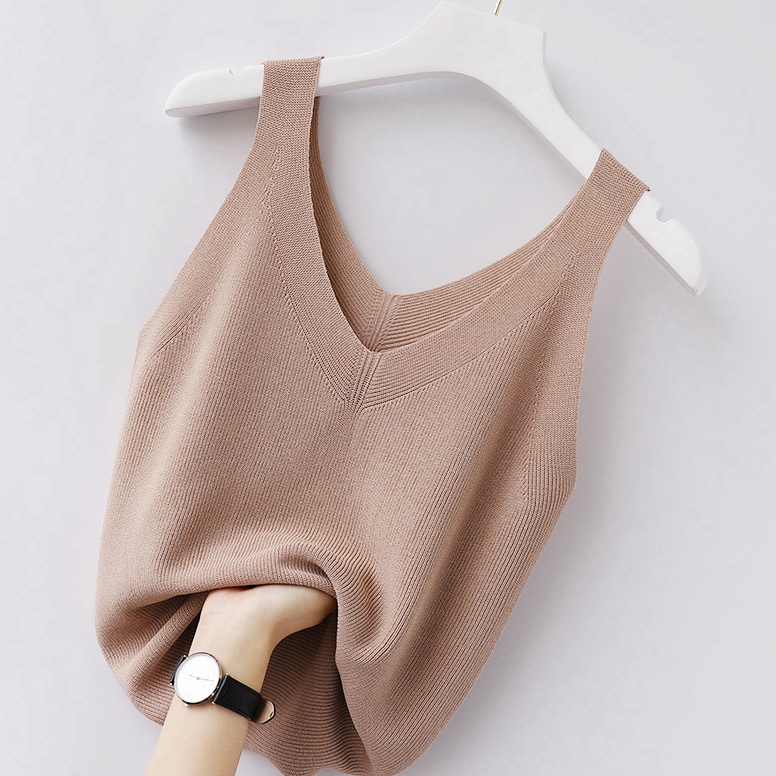 Camisole Camisa de malha feminina sem mangas Camisa de malha de fundo Slim-fit Interior Curto Pescoço em V