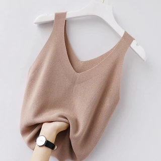 Camisole Camisa de malha feminina sem mangas Camisa de malha de fundo Slim-fit Interior Curto Pescoço em V