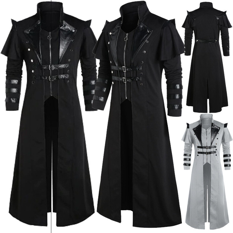 Casaco de couro vintage de Halloween, traje de pirata para homens adultos, jaqueta longa, estilo estilo estilo steampunk, casaco de armadura gótica