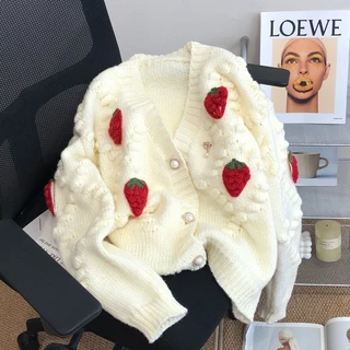 Women Korean Style Fashion Strawberry Embroidery Cardigan