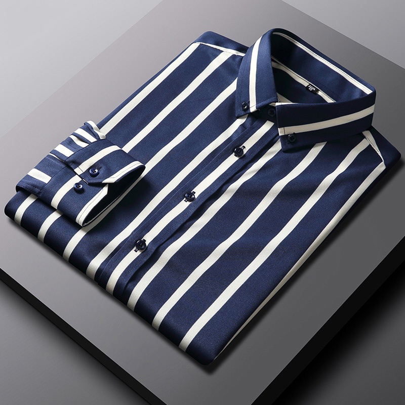 Casual Manga Longa Sem Ferro Listrado Estilo Coreano Social Escritório Masculina Camisa