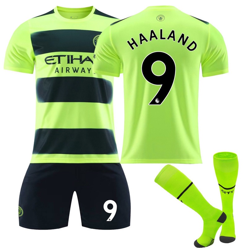 2223 Manchester City 2 ° fora de casa camisa verde n ° 9 Harland 17 De Braúna 47 Forden com meias originais BMH1