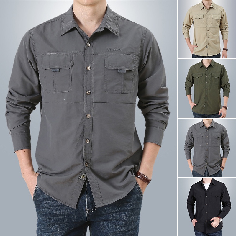 Outono Homens Manga Longa Exército Camisa Respirável Gola Dobrada Tática Para Caminhadas Ao Ar Livre Acampamento Roupas De Pesca Plus Size Mulheres