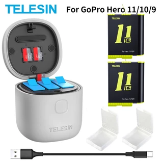 TELESIN 3Pack Bateria 1750mAh Para GoPro 11 10 9 3 Slots Carregador Rápido Leitor De Cartão TF Caixa De Carregamento Hero 9 10 Acessórios GP-BTR-904-GY