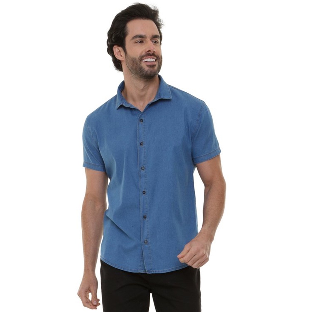 Camisa Jeans Masculina Manga Curta Clara