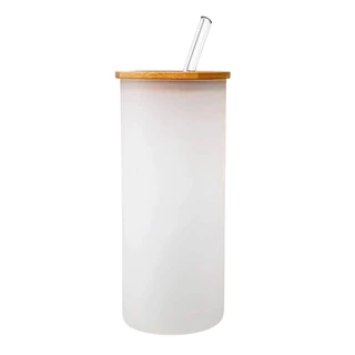 Copo de Vidro Jateado com Tampa Bambu e Canudo de Plástico para Sublimação - 550ml