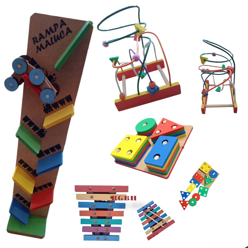 Kit Brinquedo Pedagógico Educativo Em Madeira Prancha Seleção + Aramado G + Rampa Maluca + Xilofone