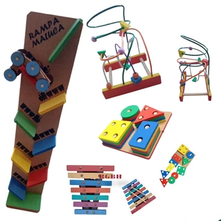 Kit Brinquedo Pedagógico Educativo Em Madeira Prancha Seleção + Aramado G + Rampa Maluca + Xilofone