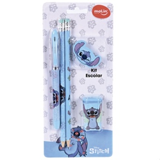 kit escolar Stitch Disney com Caneta Lápis Apontador e Borracha Molin