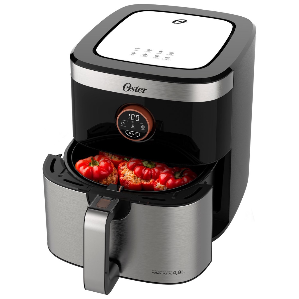 Fritadeira Elétrica Sem Óleo/Air Fryer Oster 2 Em 1 Black Inox 4,8L 1500W Preta Antiaderente Timer 60 Min Botão Digital