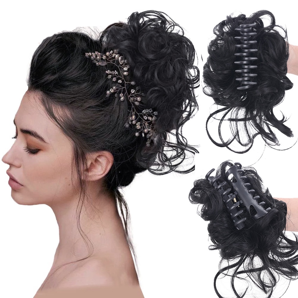 Pedaço de cabelo bagunçado, extensões de coque de cabelo preto despenteado  updo ondulado e cacheado para