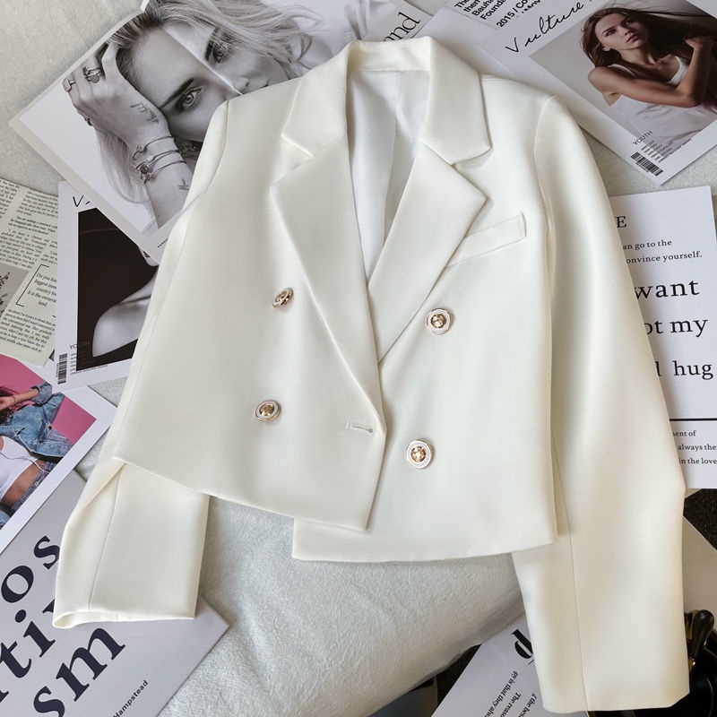 Casaco Branco De Duplo Peito Feminino Fino Cor Sólida Pequeno Temperamento Manga Comprida Traje Curto