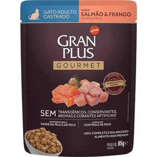 Ração Úmida Sachê GranPlus Gourmet Gatos Castrados Salmão e Frango 85g