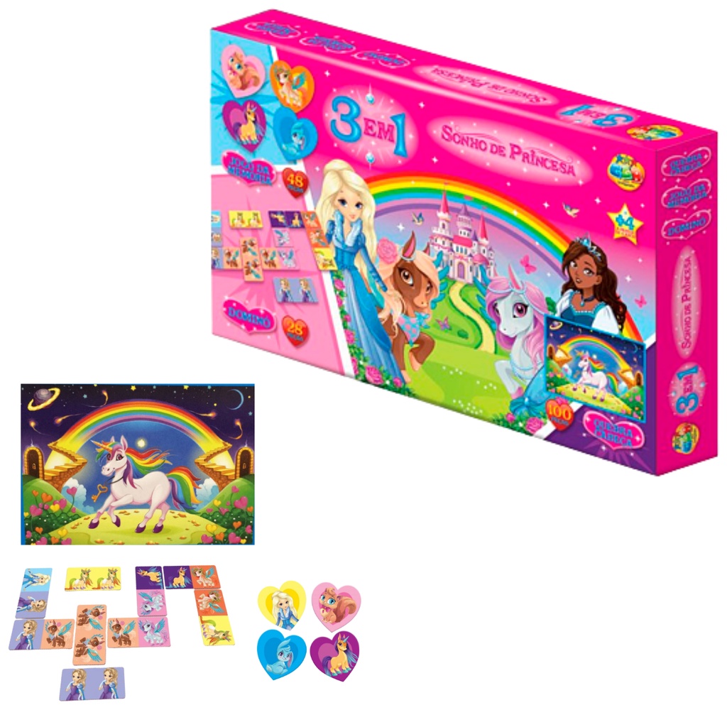 Brinquedo Educativo Jogos Infantil Meninas Divertido 3x1 Quebra Cabeça  Dominó Jogo Da Memória Unicórnio Princesas Crianças Personagens Feitos em  Papel