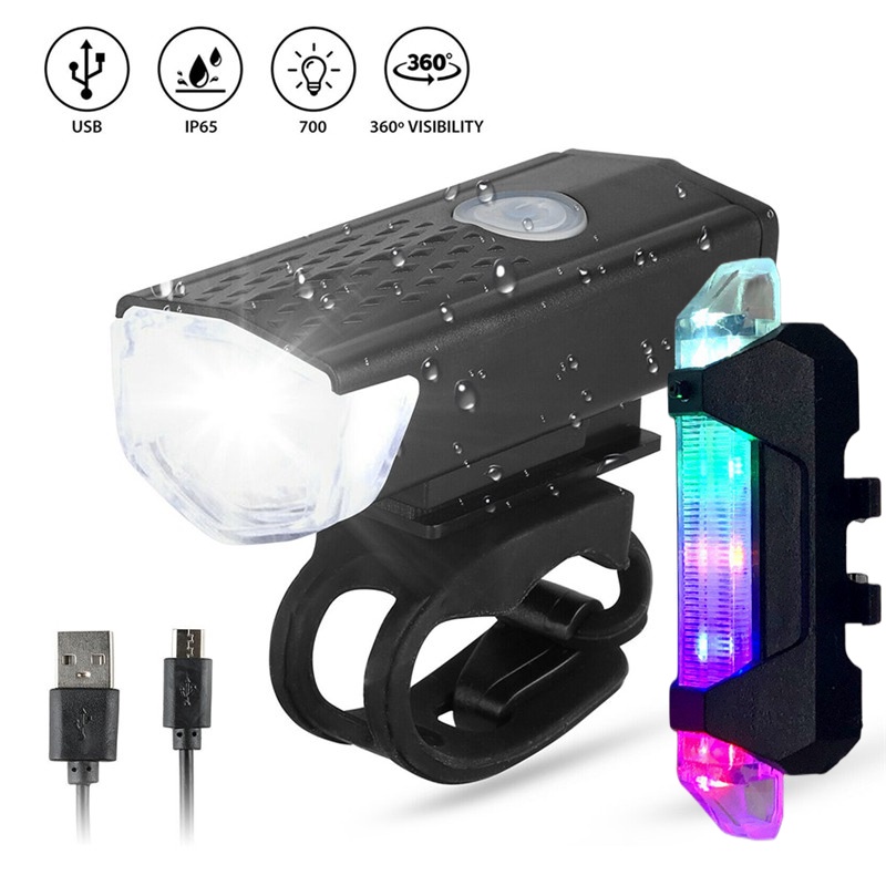 Bicycle Light USB LED Rechargeable Set Mountain Cycle Front Back Headlight Lamp Headlights + Tail Lights