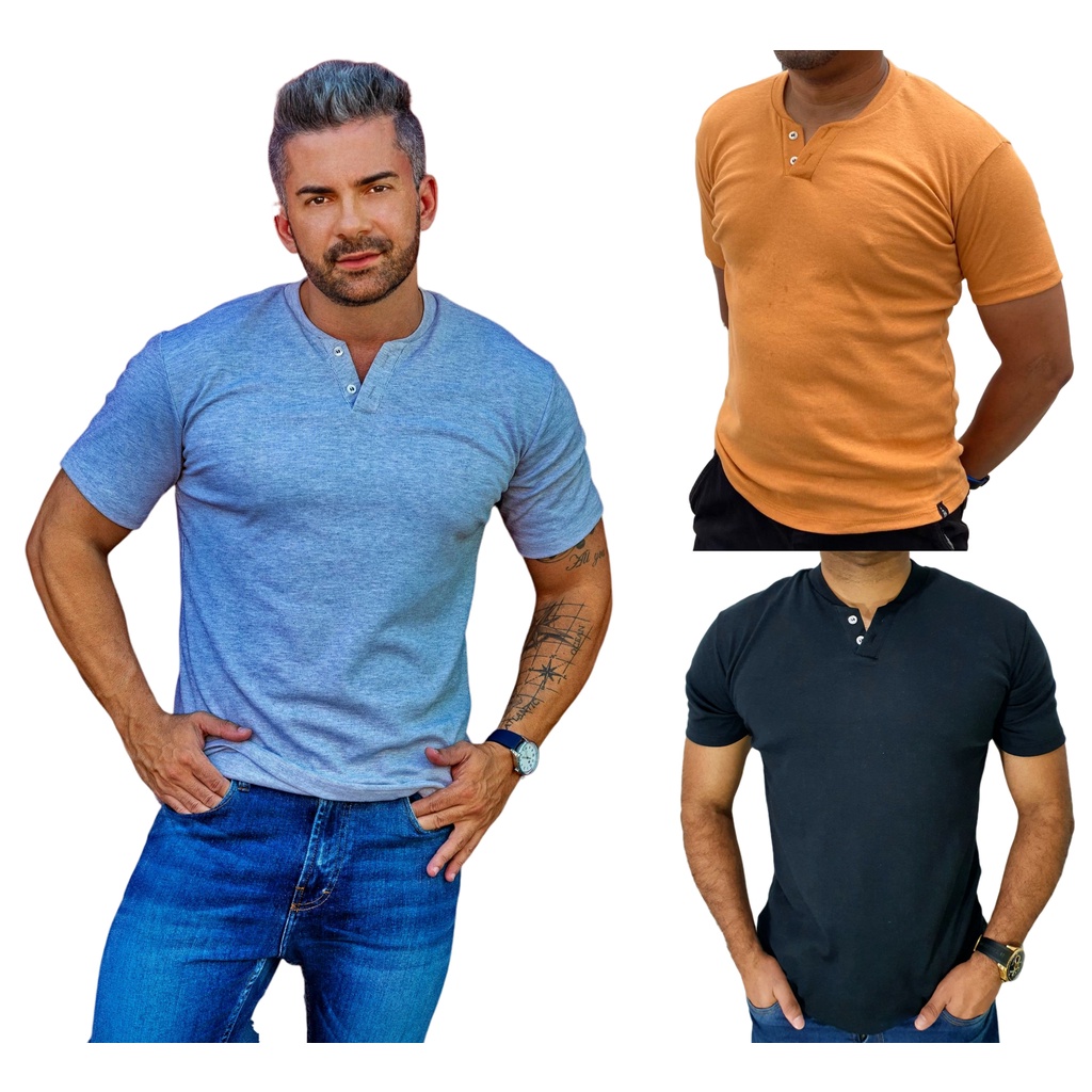 Camiseta Henley Masculina Slim Fit MCurta 2 Botões - 5 Cores para sua Escolha