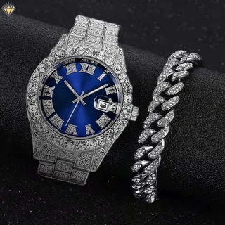 Iced Out Relógio masculino com Pulseira Cubano corrente Hip Hop Prata relógio feminino Kit YIYUE