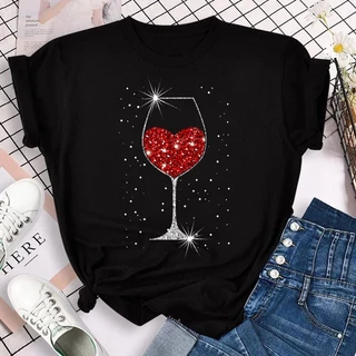 Amor Estampa De Vidro De Vinho Tinto Nova Moda Feminina Camiseta Primavera E Verão Manga Curta top