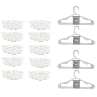 Kit 10 Cestos Organizador Pequeno 16x12x6Cm Branco + 20 Cabides Branco Infantil