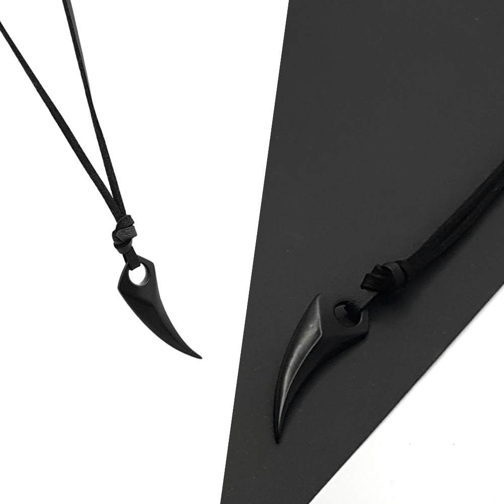 Colar Masculino Cordão De Couro Dente de Lobo Preto