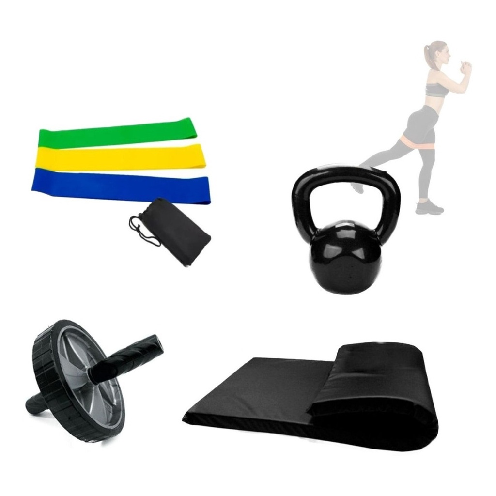 Kit Treino Funcional em Casa 4 Itens - Roda + Colchonete + Kettlebell ...