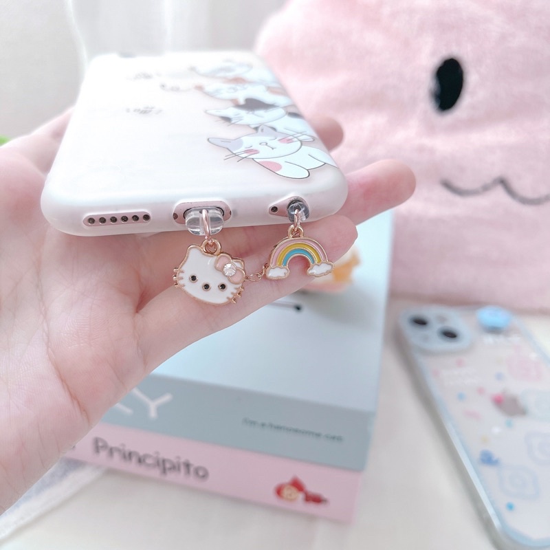 Telefone Celular Anti-Poeira Plug diy Cute kt Cat Arco-Íris Garra Sino Pingente Plugue De Dados Porta Universal Móvel Cabeça