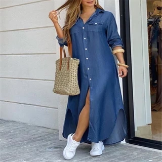 Lazer Vestido Feminino De Manga Comprida Estampado Com Lapela De Camisa De Peito Único