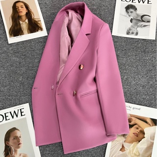 Jaqueta Com Fivela De Metal Rosa Roxo Estilo Inglês Casaco Forro
