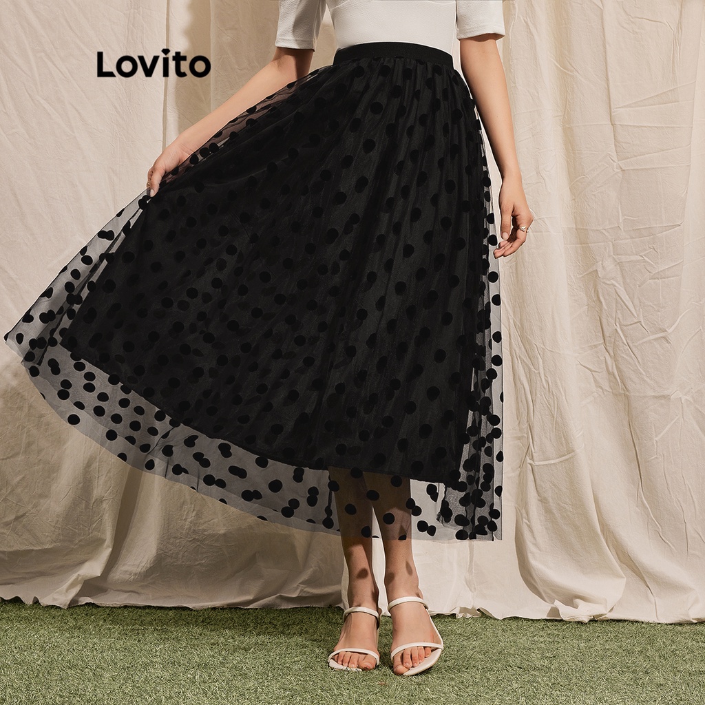 Lovito Elegante Polka Dot Folho Camadas Duplas Tecido Mesh Saia Feminina Cintura Alta L41LD020 (Preto)