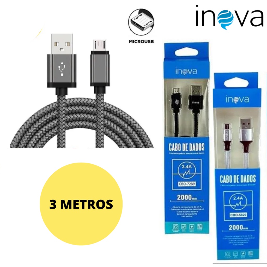 Cabo 3 METROS V8 Turbo Cabo MICRO USB Turbo G6 Play J2 Prime J4 J5 Prime J7 Prime J7 Pro J8 A10 A10S Cabo V8 INOVA