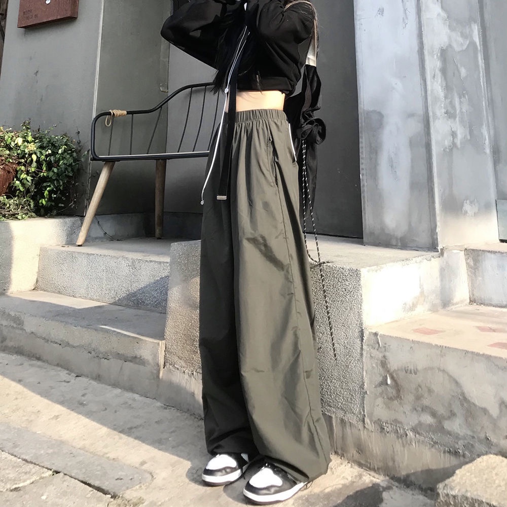 Calças De Carga Verdes Coreanas De Perna Larga Harajuku Pretas ...