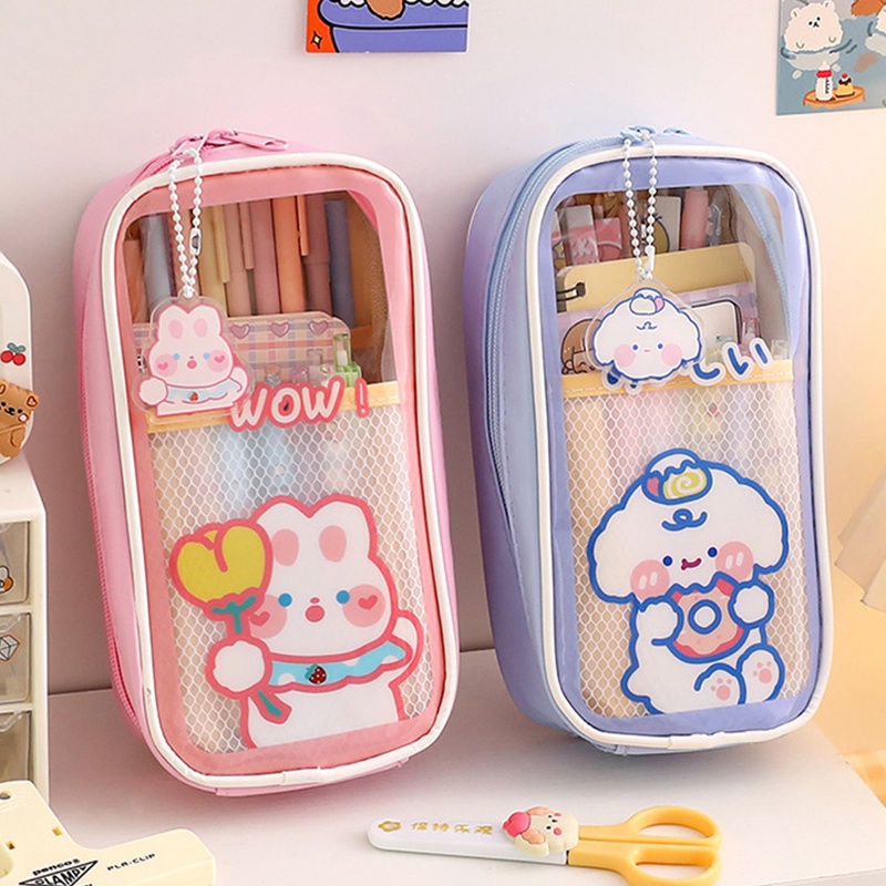 Caixa De Lápis Transparente Kawaii De Grande Capacidade À Prova D'água Saco Fofo De Urso De Coelho Para Meninas Material Escolar Artigos De Papelaria Presente