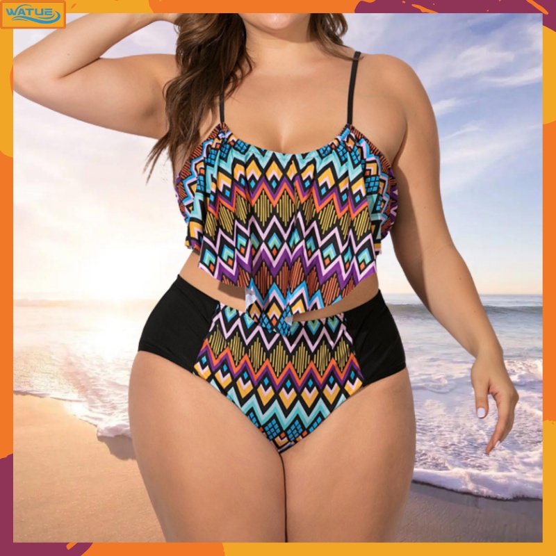 Maiô Plus Size Tamanho 58 56 54 52 50 48 46 Duas 2 Peças Biquíni Tamanho Grande Capa De Cintura Alta Gordinhas Traje De Banho Barriga Mais Elegante Look Halter Listras Geométricas Padrões Diamante Natação Praia Férias Fonte Termal